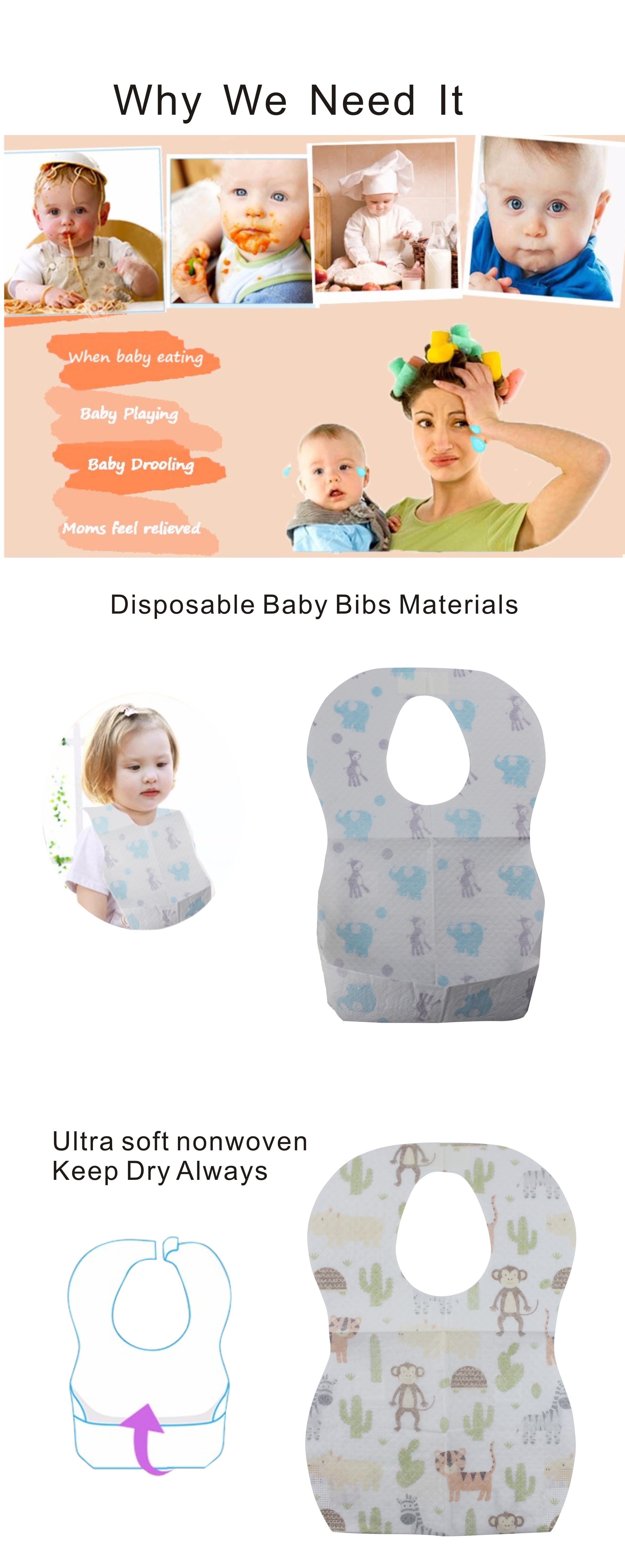 Wholesale custom printed waterproof disposable paper baby bib